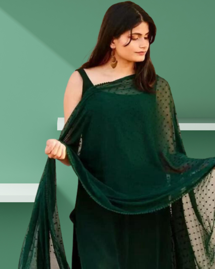 Elegant Dark Green Kurta Set With Dupatta - Image 3