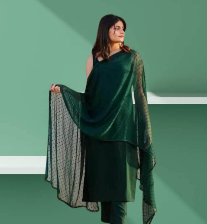 Elegant Dark Green Kurta Set With Dupatta - Image 4